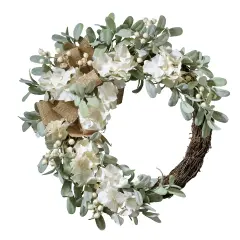 Haute Decor Grapevine Hydrangea Wreath with White Berries, Lamb's Ear & Burlap Bow - Neutral Summer Wreath for Front Door Decor