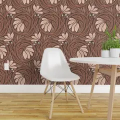 Pre-Pasted Wallpaper 2FT Wide Rustic Flowers Vines Monochromatic Earth Tone Lines Swirls Abstract Floral Farmhouse Custom Pre-pasted Wallpaper by Spoonflower