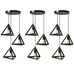 Set of 3 Quickway Imports Modern Black Chandelier - 3-Bulb Triangle-Shaped Ceiling Hanging Light Fixture for Living Room, Bedroom, and Dining Room D&eacute;cor