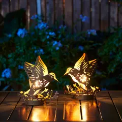 (Set of 2)9.75"H Black and Gold Metal Cutout Flying Hummingbird Silhouette Solar Powered Edison Bulb Outdoor Lantern
