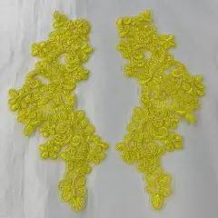 1 Pair 9" x 3" Each Side Beaded & Corded Floral Lace Applique Organza Yellow Color