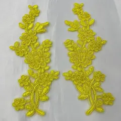 1 Pair Beaded & Corded Floral Lace Applique 10" x 2" Each Side Yellow Color