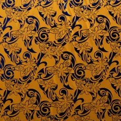 1 Yard Shiny Foil Polyester Tiare Swirls Floral Fabric for Crafts 60 Inches Width Yellow/Royal
