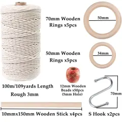 119 Pieces Macrame Kits for Starter 3mm x 109Yards Natural Cotton Macrame Cord with 100pcs Wooden Beads,10pcs Wooden Rings,Wooden Sticks,Metal Rings,S Hooks Macrame Supplies for Plant Hangers