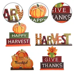 4 Pack Thanksgiving Themed Table Centerpiece Signs, Wood Pumpkin Table Decor Harvest Autumn Glittery Pumpkins Table Topper for Home Office Thanksgiving Decorations