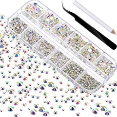 2000 Pieces Flat Back Gems Round Crystal Rhinestones 6 Sizes (1.5-6 mm) with Pick Up Tweezer and Rhinestones Picking Pen for Crafts Nail Face Art Clothes Shoes Bags DIY (Crystal AB)