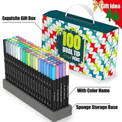 Markers for Adult 100 Colors Dual Tip Pens with Fine and Brush Tip for Coloring and Calligraphy Drawing