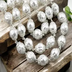 10mm Czech Glass White Baroque Pearl Chain w/ Bright Silver