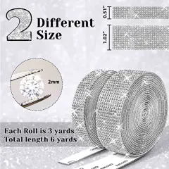 2 Rolls 6 Yards Rhinestone Ribbon Adhesive Rhinestones for Crafts Crystal Bling Rhinestone Diamond Ribbon Strips Roll for Decoration Crafts DIY Wrapping(Silver)
