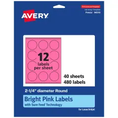 Avery Bright Pink Paper Labels, 2.25" Diameter Round