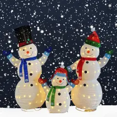 Cheerful White Plush Lantern Snowman Family Set for Holiday Decor 62" & 60" & 35"H