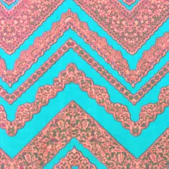 Aqua Teal-Neon Coral Lace Chevron Printed Double Brushed ITY Knit Fabric By the Yard