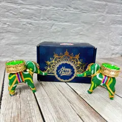 Diwali Gift Hamper Elephant Candle Holder Happy Diwali Stickers Custom Gifts Boxes Handmade Indian Festival Deepawali Hamper for Employees Home Office Friends Family - Return Gift Items Green