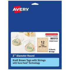 Avery Kraft Brown Round Tags with Sure Feed Technology, 2" Diameter, Laser/Inkjet, 96 Printable Tags with Strings Included, Also Great for Gift Tags and Favor Tags (80515)