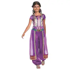 Jasmine Purple Classic Child Costume Satin Jumpsuit Gold Foil Detailing