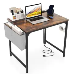 Costway 32" Meeting Room Desk Set of 2/4/6 with Charging Station & Headphone Hook Metal Frame Brown