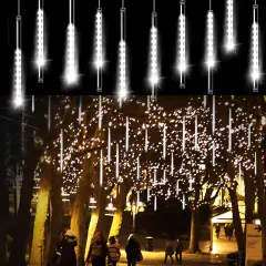 Aluan Christmas Lights Outdoor Meteor Shower Lights White 16 Inch 10 Tubes 360 LED Falling Rain Lights Waterproof Snowfall Dripping Icicle Lights for Xmas Tree Holiday Decoration Yard Porch Patio