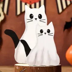 2 Pcs Halloween Decorations - White Cat Wooden Table Tiered Tray Signs