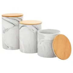 Set of 3 Marble Canisters with Airtight Wooden Bamboo Lids, Kitchen Counter Containers, Food Storage Jars, Ideal for Storing Sugar, Coffee, Snacks and Other Dry Goods, (3 Sizes) Grey
