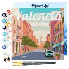 Figured'Art Mini Paint by Numbers Kit for Adults with Frame Travel Poster Valencia Small format 8"x8" - Craft Art Painting DIY Canvas Already Stretched on a Wooden Frame