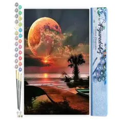 Figured'Art Paint by Numbers Kit for Adults Full Moon and beach front 16"x20" - Craft Art Painting DIY Kit Rolled Canvas without frame
