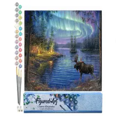 Figured'Art Paint by Numbers for Adults Moose and aurora borealis 16"x20" - Craft Art Painting DIY Kit Rolled Canvas without frame