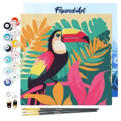 Figured'Art Mini Paint by Numbers Kit for Adults with Frame Tropical Toucan Small format 8"x8" - Craft Art Painting DIY Canvas Already Stretched on a Wooden Frame