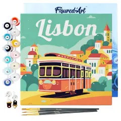 Figured'Art Mini Paint by Numbers Kit for Adults with Frame Travel Poster Lisbon Small format 8"x8" - Craft Art Painting DIY Canvas Already Stretched on a Wooden Frame