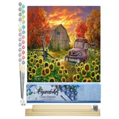 Figured'Art Paint by Numbers Kit for Adults Sunflowers in front of the barn 16"x20" - Craft Art Painting Rolled Canvas with DIY wooden frame