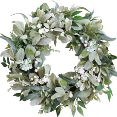 22 Inch Spring Everyday Lamb Ears Leaves Wreath with White Wild Flowers and Berries for Front Door, Welcome Wood Sign Green Leaves Wreath for Indoor Outdoor, Everyday Leaves Wreath