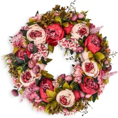 Artificial Peony Flower Wreath 19Inch Vintage Blooming Silk Peonies Spring