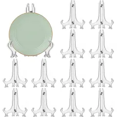 12 Pack 6 Inch Clear Plastic Easels or Stand/Plate Holders to Display Pictures or Other Items at Weddings, Plate Stands for Home Decoration, Birthdays, Tables