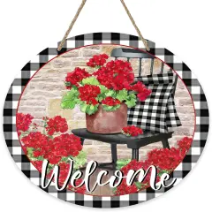 Welcome Spring Geranium Flower Sign for Front Door Decor, Floral Buffalo Plaid Chair Wood Door Hanger for Outdoor Outside Porch, Summer Farmhouse Wooden Wreath Indoor Wall Hanging Decoration
