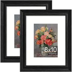 8x10 Picture Frames Set of 2, Ornate Vintage Photo Frame for Wall or Tabletop, Display 5x7 Pictures with Mat or 8x10 without Mat, Vintage Black