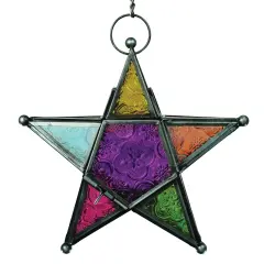In the Breeze 9216 &mdash; Multi-Colored 5-Point Star Tealight Lantern &mdash; Moroccan-Style Boho Chic Glass and Metal Tealight Hanging Lantern