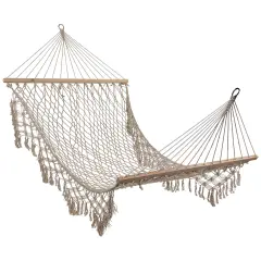 Northlight Lattice Macrame Rope Hammock with Wooden Bars - 74" x 59" - Cream White
