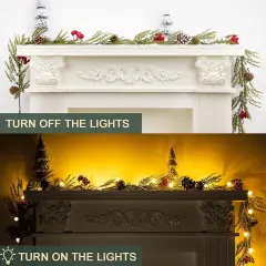 Christmas Garland with Lights, 6FT Artificial Red Berry Xmas Garland and Pinecones