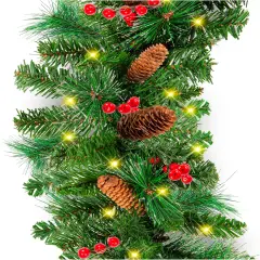 9ft Pre-Lit Holiday Pre-Decorated Christmas Garland for Stairs,50 Lights, Pine Cones, Berries