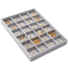 Velvet Jewelry Organizer Tray for Earrings, Stackable 24 Grid Storage for Rings (Gray, 14x10 in) Grey