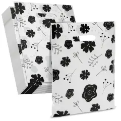 100 Pack 9x12 Small Merchandise Bags for Boutique, Black Flowers Shopping Bags with Handles for Retail