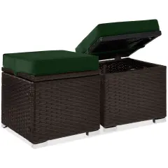 Best Choice Products Set of 2 Wicker Ottomans, Multipurpose Furniture w/ Removable Cushions, Steel Frame Midnight Green/Brown