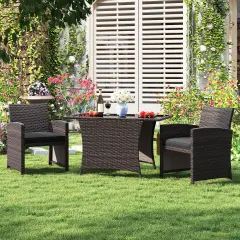 Costway 3 PCS Wicker Bistro Set Balcony Furniture Set with Tempered Glass Dining Table