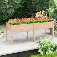 Costway Raised Garden Bed Elevated Fir Wood Planter Box with 2 Large Planting Areas Beige/Brown