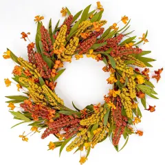 Fall Wreath Orange Yellow Sorghum Ear and Wildflower