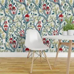 Pre-Pasted Wallpaper 2FT Wide Watercolor Whimsical Trees Houses Forest Woodland Fairy House Treehouse Leaves Nature Cottage Kids Nursery Playroom Playhouse Scandi Custom Pre-pasted Wallpaper by Spoonflower