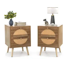 Costway 2Pcs Rattan Nightstand with 2 Drawers Solid Wood Legs Compact Wood Coffee Table