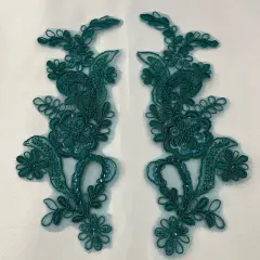 1 Pair Beaded & Corded Floral Lace Applique 9" x 2.5" Each Side Jade (HB)