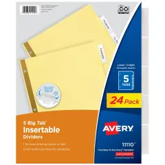 Avery Big Tab Insertable Dividers for 3 Ring Binder, 5-Tab Sets, Clear Tabs, Buff Paper with Gold-Reinforced Buff Paper, 24 Sets (11113)