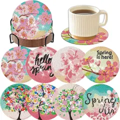 8 Pcs Spring Tree Diamond Art Coasters Kits with Holder DIY Spring Tree Diamond Art Coaster for Gifts Beginner Adults Kids Art Table Home Craft Gift Supplies