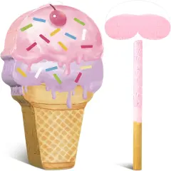 Pink Ice Cream Pi&ntilde;ata Cute Dessert Cone Shaped Pi&ntilde;ata with Stick Blindfold for Ice Cream Candy Birthday Party Summer Baby Shower Wedding Party Supplies Decor,